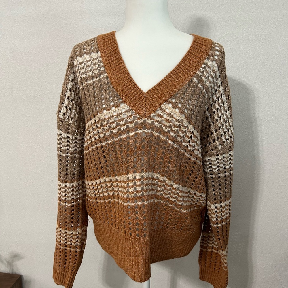 Frye and Co Women Medium Open Knit Long Sleeve Brown Stripe Sweater Boho Western